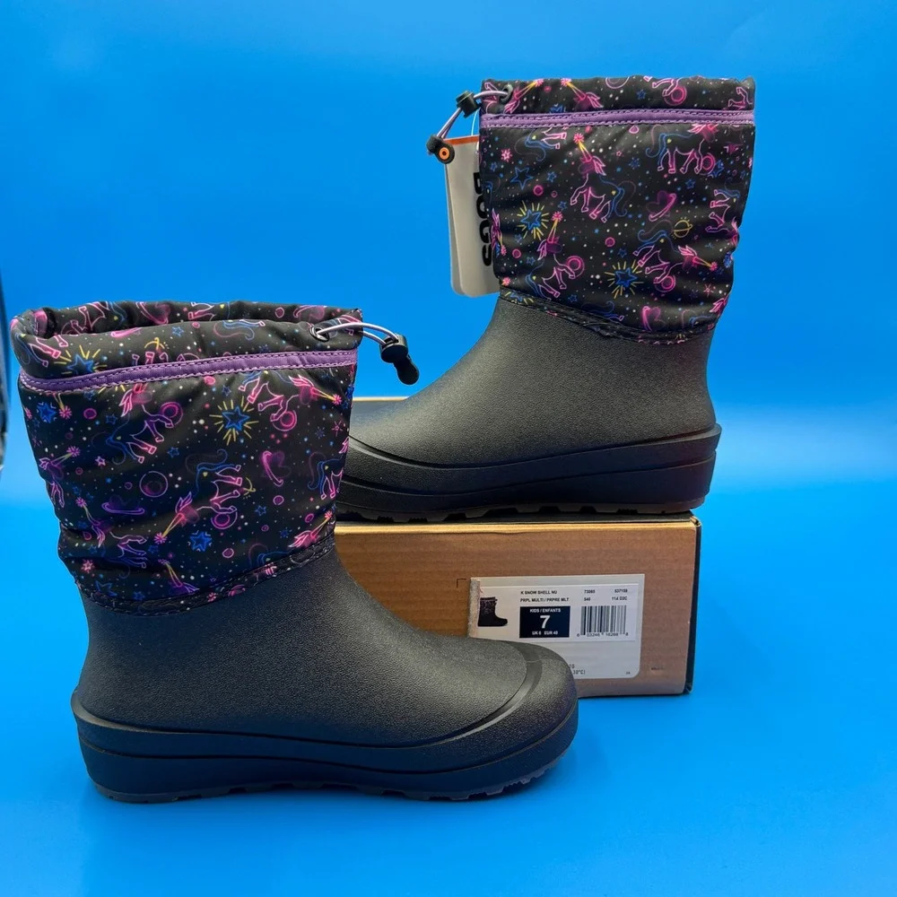 Bogs Kids Waterproof Snow Shell Boots PRPL MULTI Unicorn‎ Stars Girls Size 7
